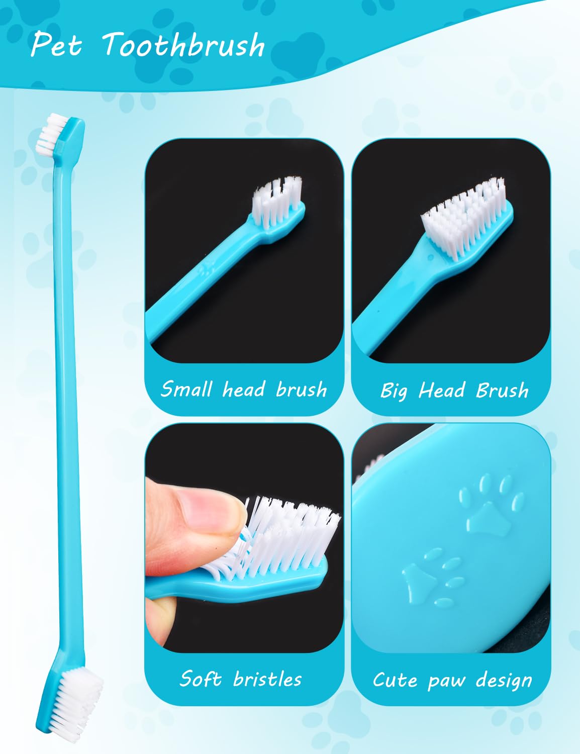 Kit de brosse à dents pour chien, double tête pour chiens de petite et grande taille, chats, chiots et la plupart des animaux de compagnie, poils souples, brosses à dents à long manche, brosse à dents