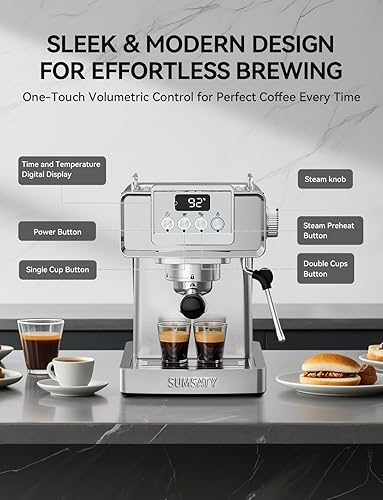 Vista 2 de Máquina de café expreso, máquina de café expreso de acero inoxidable con espumador de leche para café con leche, capuchino, machiato, para máquina