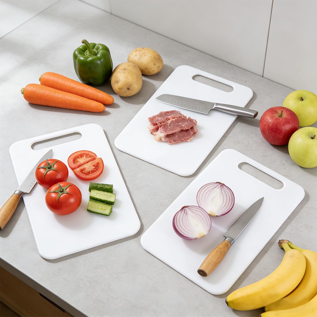 6 Piezas Tablas de Cortar en Plástico, 29x19cm Tablas de Corte Plástico, Antibacterianas, Blanco Tabla de Corte, Tabla Cortar Cocina para Frutas, Carnes, Verduras, Apta para Lavavajillas