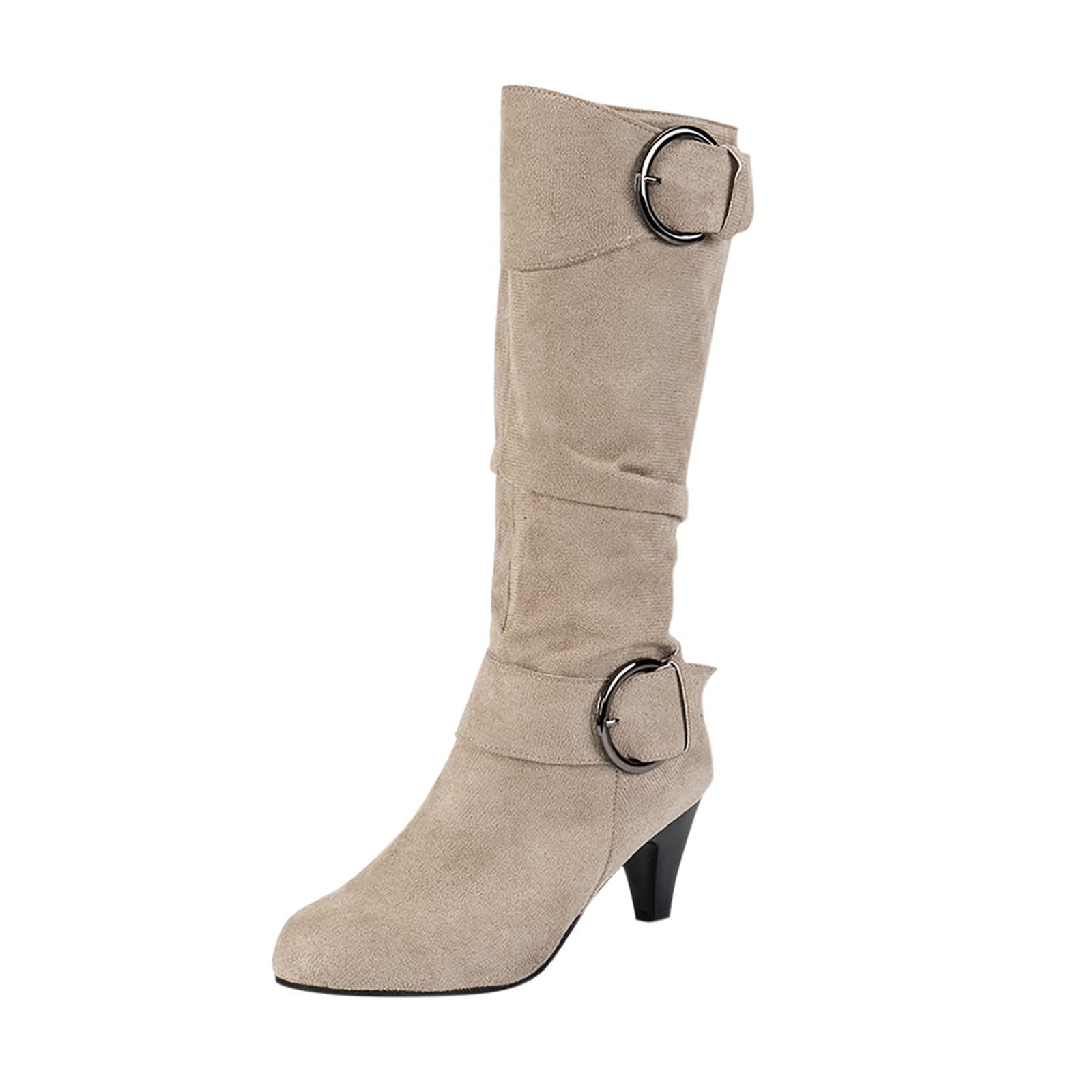 Generisch Botas de equitación de invierno para mujer e invierno Moda de gamuza Tacón fino Color sólido Botas de media pantorrilla Temperamento Botas cómodas