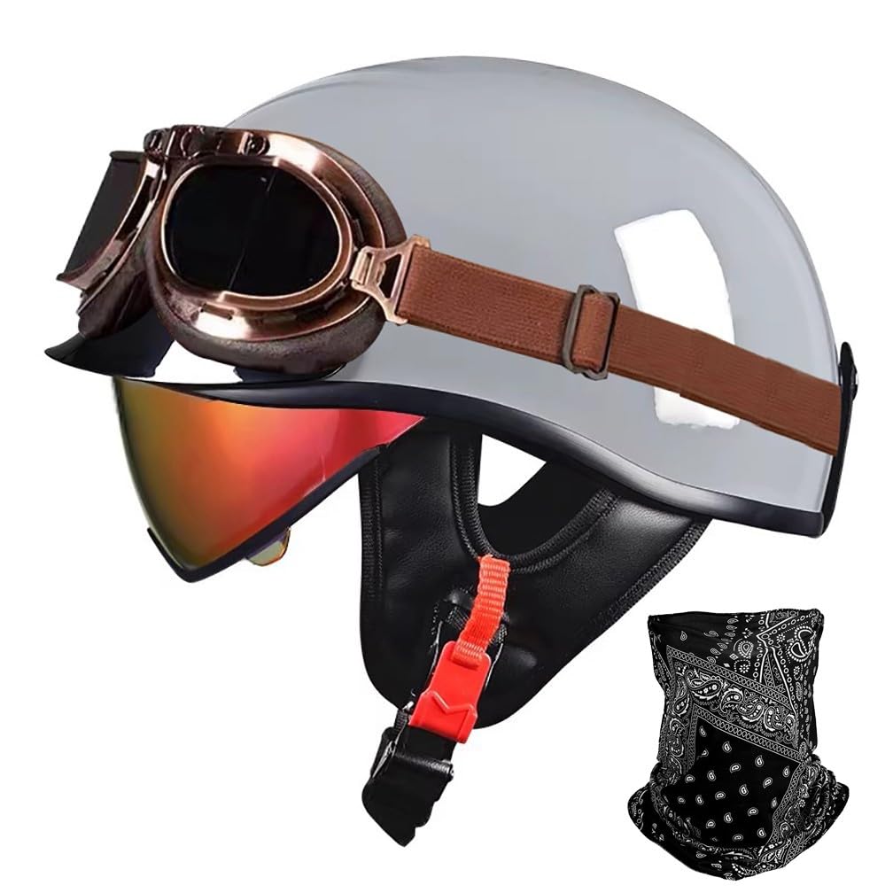 URYWTXY Retro Motorcycle Half Helmet with mask, Vintage German Open Face Motorbike Helmet with Adjustable Quick Release Buckle for ATV Chopper Cruiser Street Scooter, ECE Approved