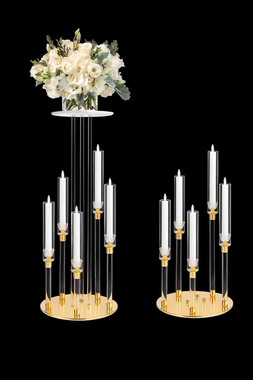 5 Arm Candelabra Centerpiece (Set of 4) – Elegant Acrylic Candle Holder with Extra Circular Stand for Flowers – Tall Candle Centerpiece for Tables, Weddings, Events & Home Decor - 4 Piece