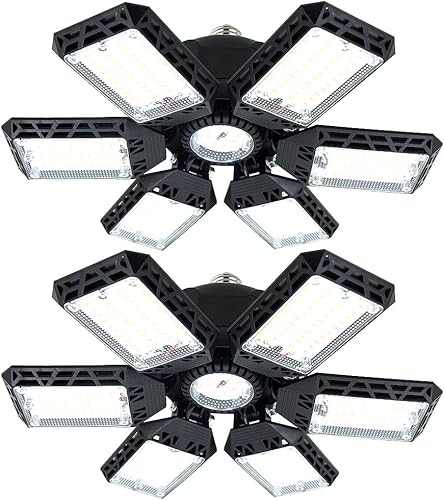 Paquete de 2 luces LED de garaje, 160 W, 16000 lúmenes, 6500 K, luces de garaje, bombilla LED de techo con 6+1 paneles ajustables, luz LED de tienda