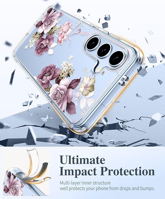 Image of Elzzi Transparent Flower Cover for Samsung A16 Case Shockproof Floral Design Full Camera Protection Shockproof PC+TPU Covers for Girls & Women (Deep)