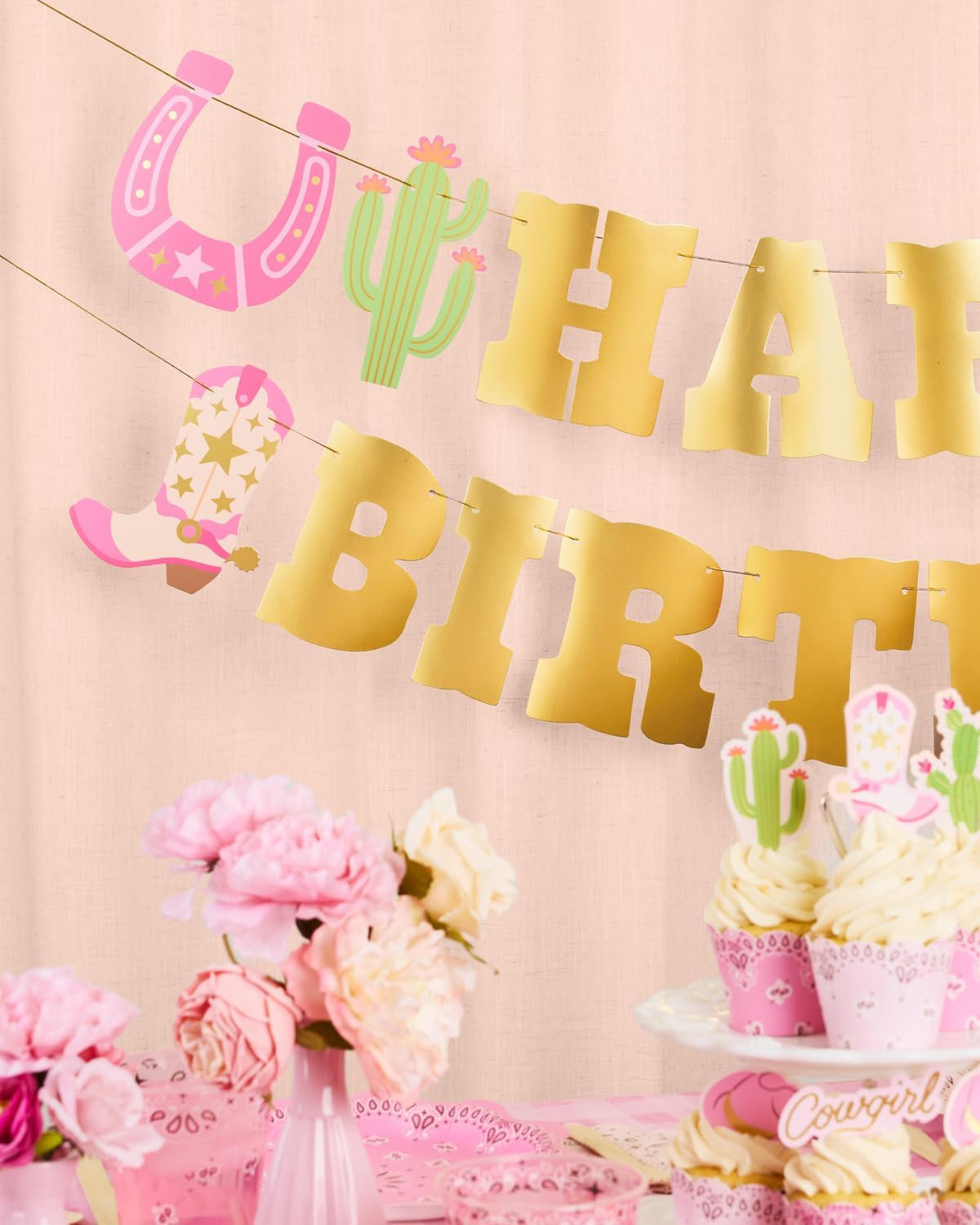 xo, Fetti Western Happy Birthday Banner, Gold Foil - 4.5 Ft. | Cowgirl HBD Decorations, Wild West Garland, Yeehaw Rodeo Supplies, Wild One Bday Decor - Image 5