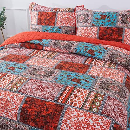 NEWLAKE Cotton Bedspread Quilt Sets-Reversible Patchwork Coverlet Set, Mediterranean Classic Bohemian Pattern,King Size - Thumbnail 3