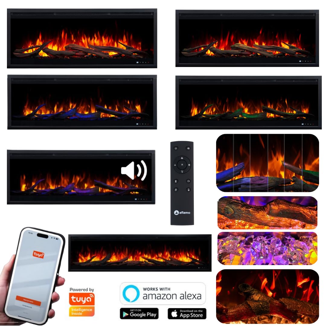 Aflamo Royal 3D kominek elektryczny do zabudowy, realistyczny efekt płomienia LED, funkcja ogrzewania, efekt płomienia 3D, efekt płomienia (160 x 48 x 22)