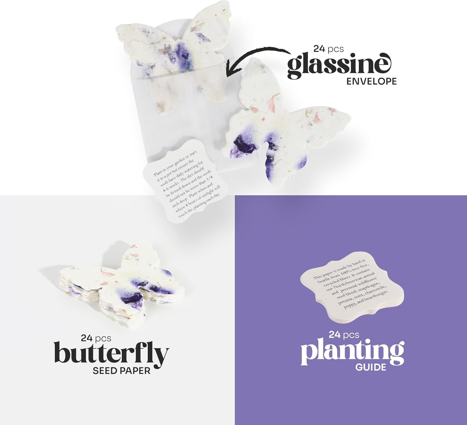 Wildflower Seed Paper - Set of 24 Purple Butterfly-Shaped with Envelope and Planting Instruction, Writable & Plantable Gift for Mom and Plant Lover, Ideal for Wedding, Memorial, Baby Shower