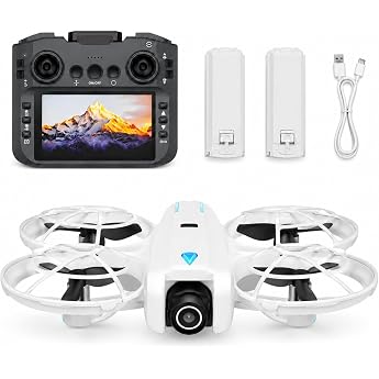 Mini Camera Drone 1080p with FPV Live Picture 5.6 Inch Display Remote Control Optical Flow Brushless Motor 2 Batteries Propeller Protection from 14 Years White Pack of 2 Batteries