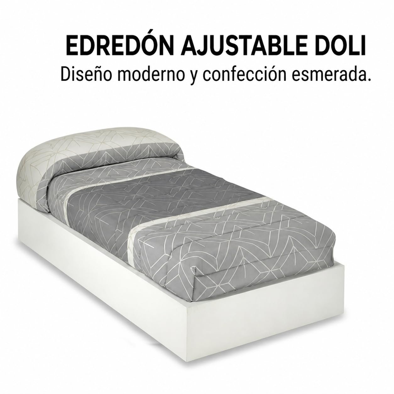 Edredón Ajustable DOLI Geométrico Gris Lanovenanube Cama 200 Microfibra | Estampado geométrico gris y dorado, tacto melocotón 250 g, ajuste al colchón. Largo 190/200 cm. Fabricado en España