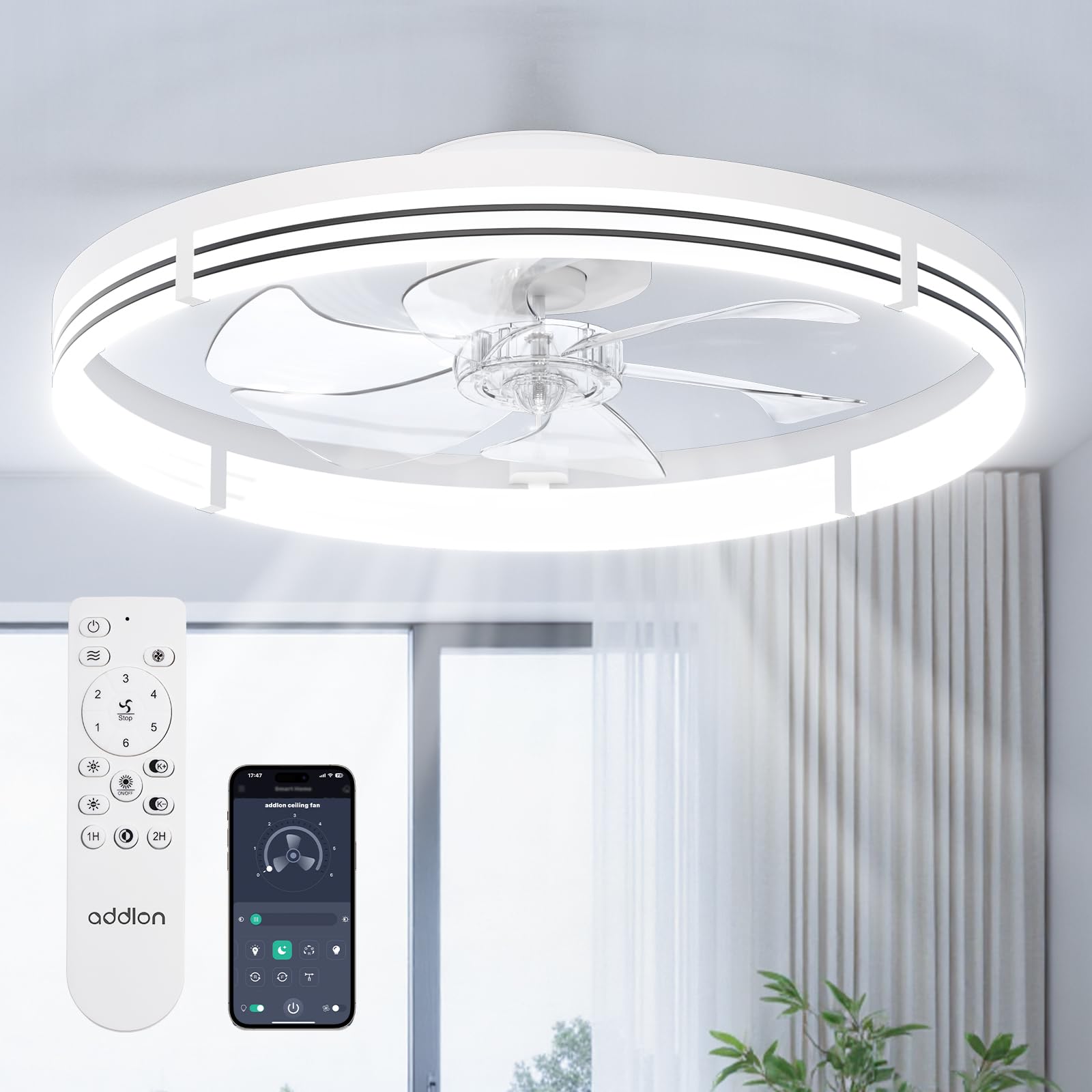 addlon 24" Low Profile Fandelier Ceiling Fans with Lights and Remote, White