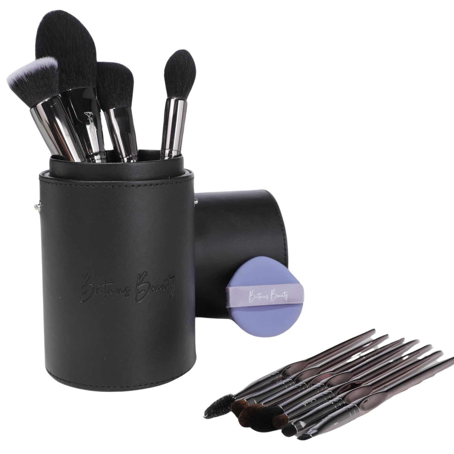 BRITAINS BEAUTYSilver Makeup Brush Set – Complete 11-Piece Premium Synthetic Bristle Kit with Sleek Storage Case for Foundation, Blending, Blush, Eye Makeup