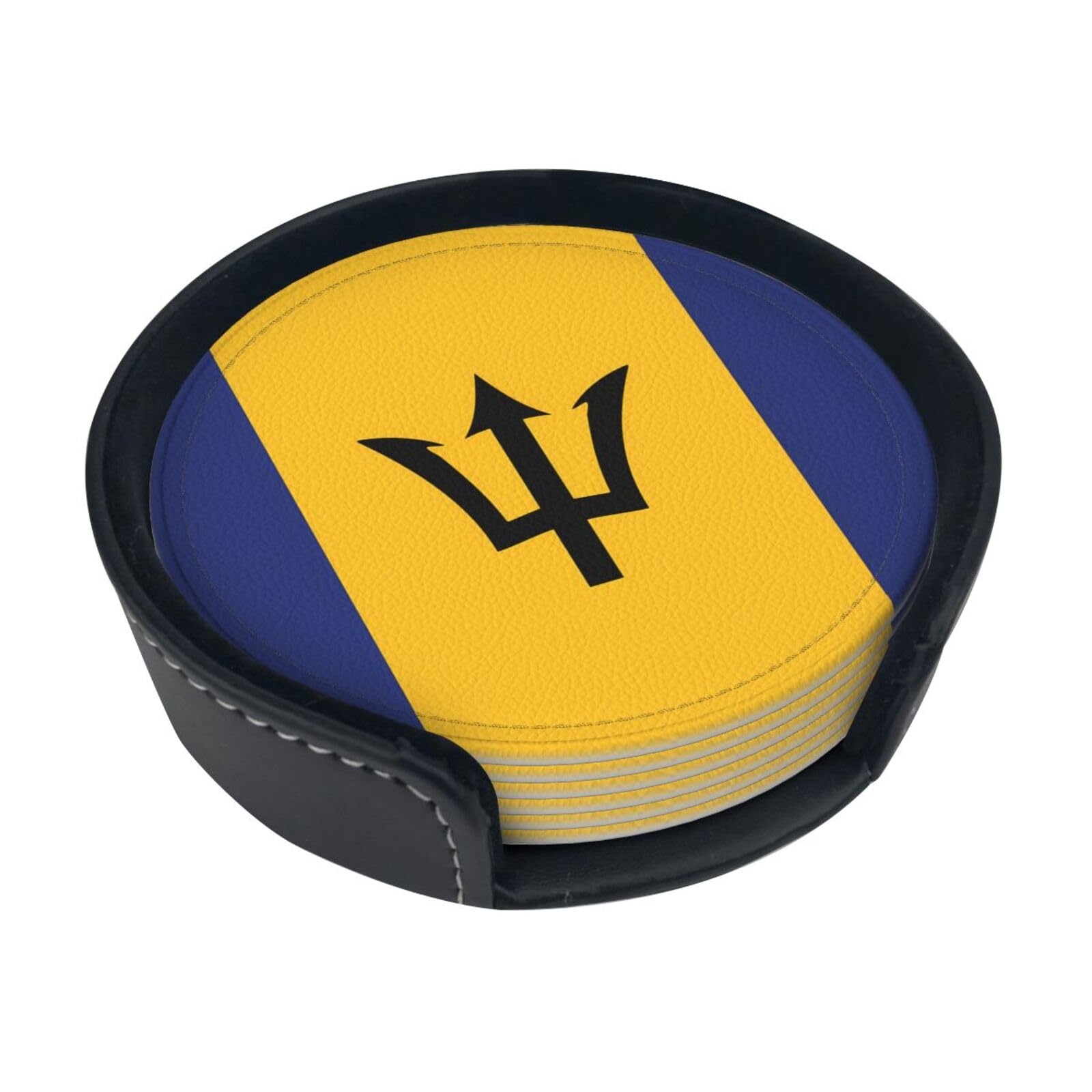 Cntdbu White Flag Of Barbados Leather Coasters Set Of 6-Pu Leather Drink Mats For Table, Heat Resistant Round Coasters With Holder