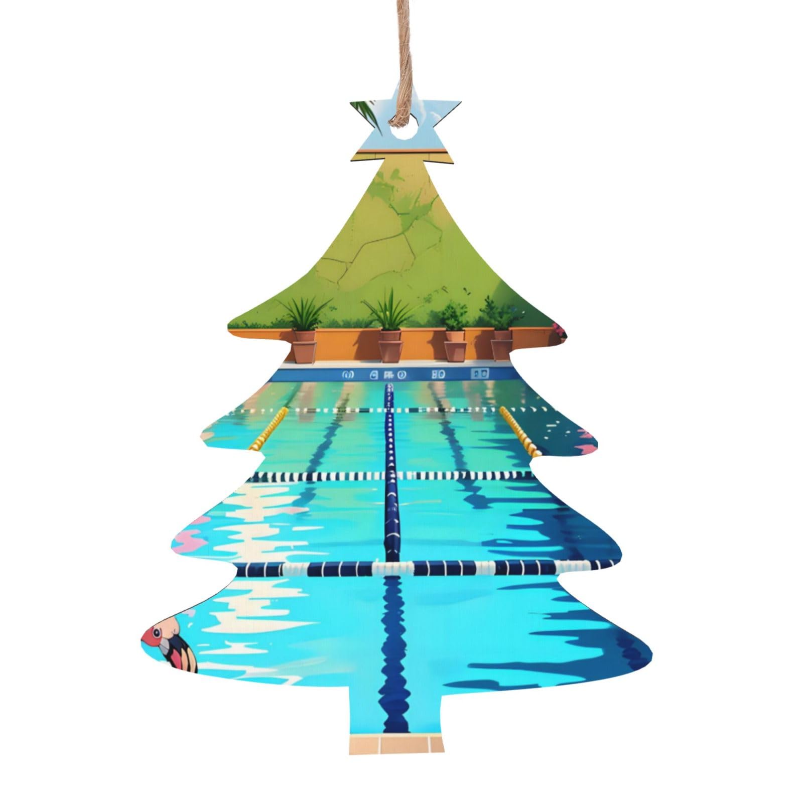 Flamingo and Swimming Pool Printed Christmas Wooden Pendants, Simple and Environmentally Friendly, Holiday decorationsã€‚