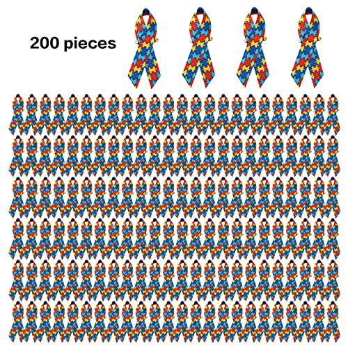 Image of 200 Pieces Autism Awareness Ribbons with Safety Pins Grosgrain Ribbon 1.4 * 3 inch
