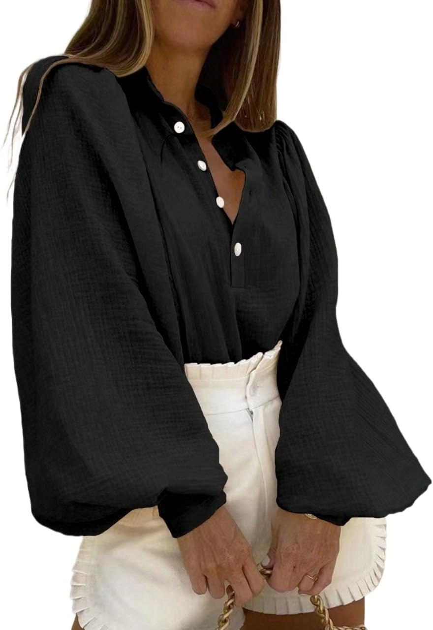 Women's Classic-Fit Shirt Plain Color Button Up Placket Lantern Sleeve Blouse