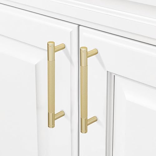 Miniatura 3 de COTYKILEY Paquete de 10 manijas de gabinete de latón cepillado de 5 pulgadas (5.039 in) con moleteado dorado para gabinetes de cocina, manijas de