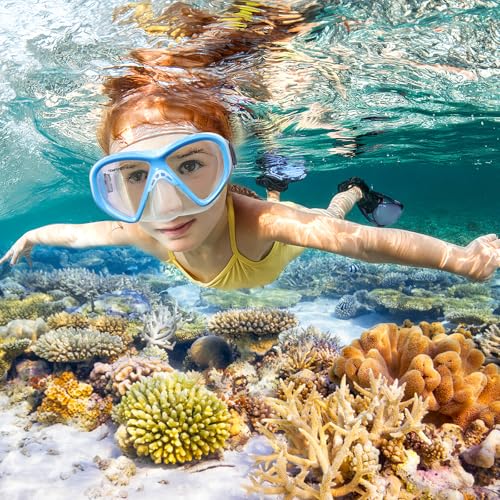 Image of Kids Swim Goggles Snorkel Diving Mask for Boys Girls Ages 5-15, Two-Color Anti-Fog Swimming Goggles with Nose Cover