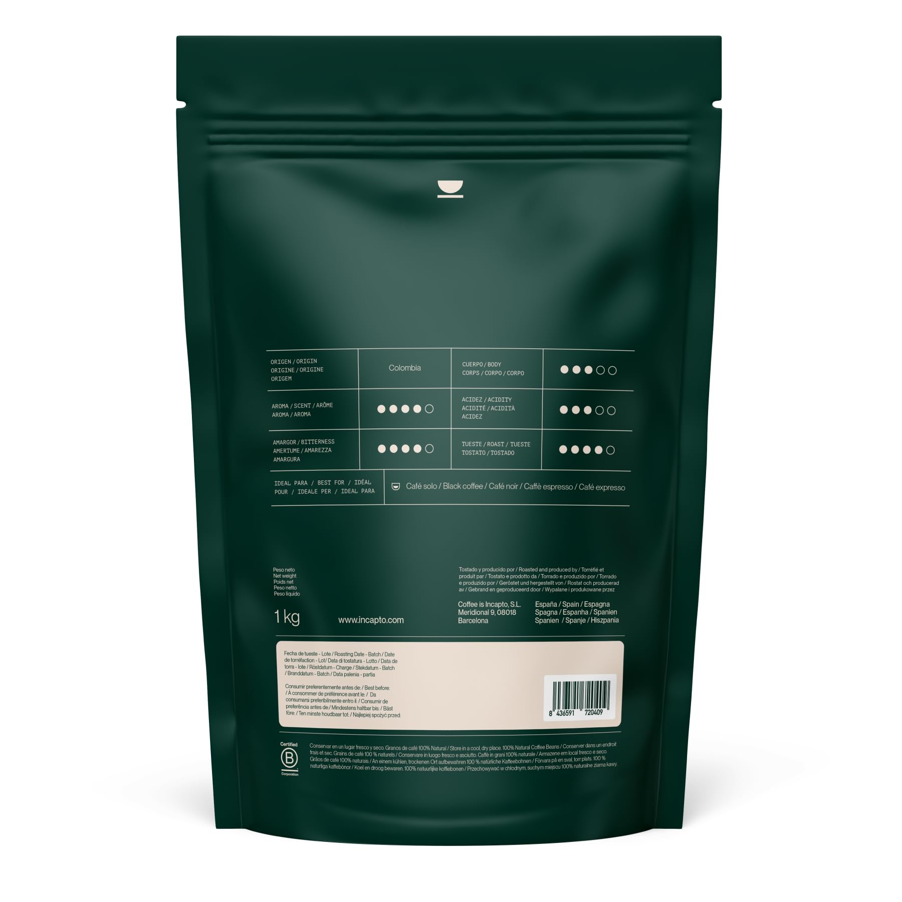 Incapto Kawa ziarnista Specialty 1 kg | Pochodzenie: Kolumbia | 100% Arabica | Kawa segmentu Specialty (84 punkty SCA) | Naturalny, rzemieślniczy proces palenia | Huila Estate, Cadefihuila
