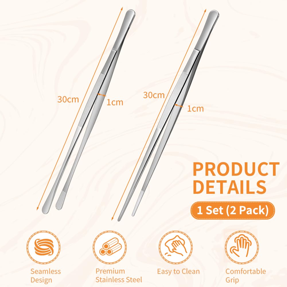 Adiwo Kitchen Tweezers Tongs 2pcs, 30cm Extra-Long Non-Slip Cooking Tweezers, Stainless Steel Metal Food Tongs, for BBQ, Frying, Salad, Hot Pot, Air Fryer, Silver - Straight Head + Round Head - 3
