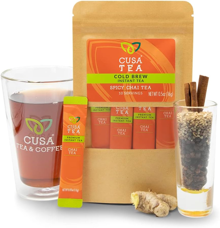 Cusa Tea & Coffee | Premium Instant Spicy Chai Tea With Real Fruit & Spices | Organic Leaves Drink Mix Packets | Hot or Iced Tea (10 Single Servings)