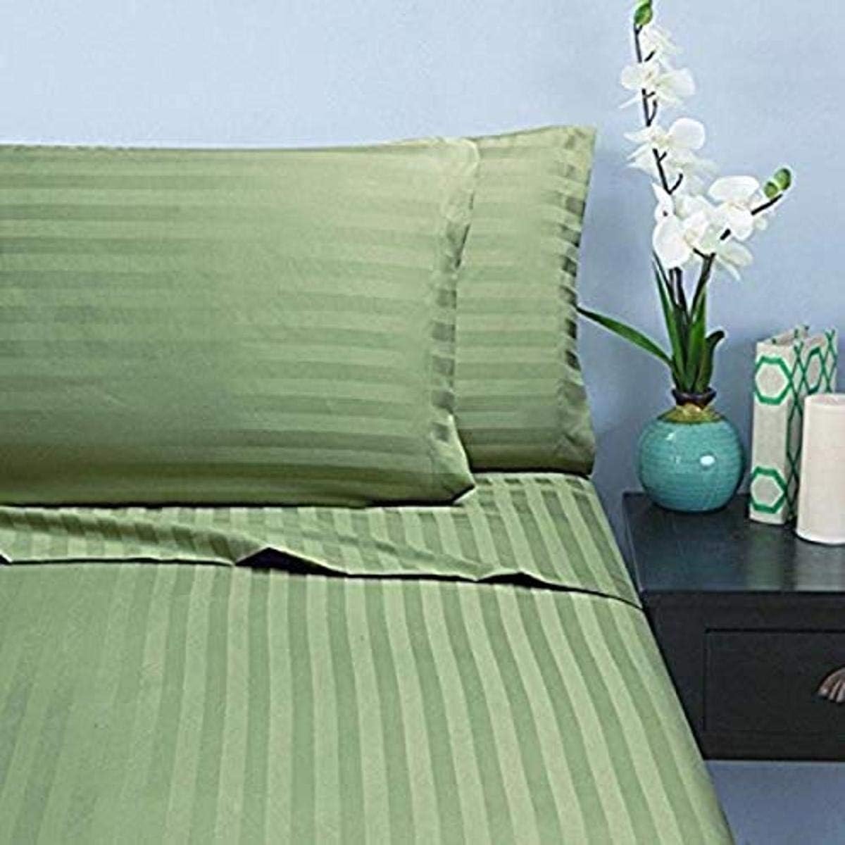 Elegant Comfort Wrinkle & Fade Resistant 1500 Thread Count - Damask Stripes Egyptian Quality Luxurious Silky Soft 4pc Sheet Set, Up to 16" Deep Pocket, California King, Sage