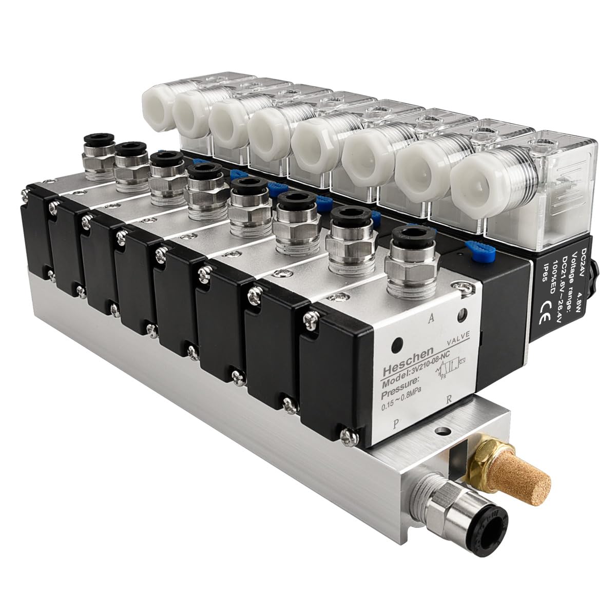 Heschen Elektryczny pneumatyczny 8 zawór elektromagnetyczny, 3 V210-08, DC24 V, PT1/4, 3/2-drożny, zestaw szybkozłączki podstawy kolektora
