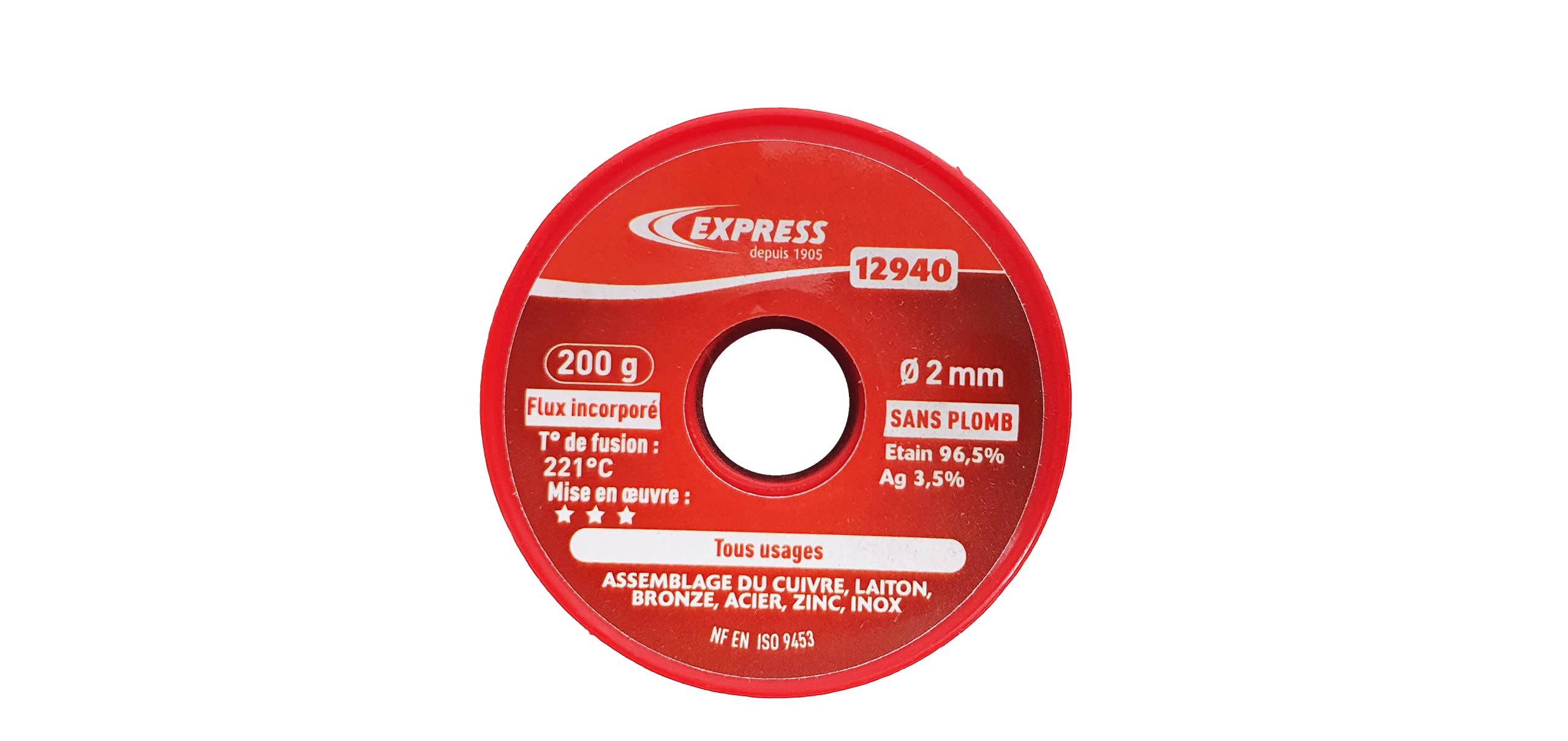 Express, 12940, Accessoire pour Fer à Souder, Soudure Étain Tout Usage, Assemblage Cuivre, Laiton, Bronze, Acier, Zinc, Inox, 96,5% Étain et 3,5% Ag (Sans Plomb), 200g, diamètre2 mm, Flux incorporé