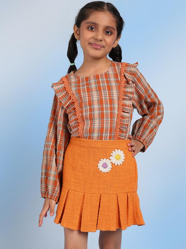the tribe kids Bobby Girls Solid Pure Cotton Pleated Peplum Mini Skirt(Orange,2-3Y) 4