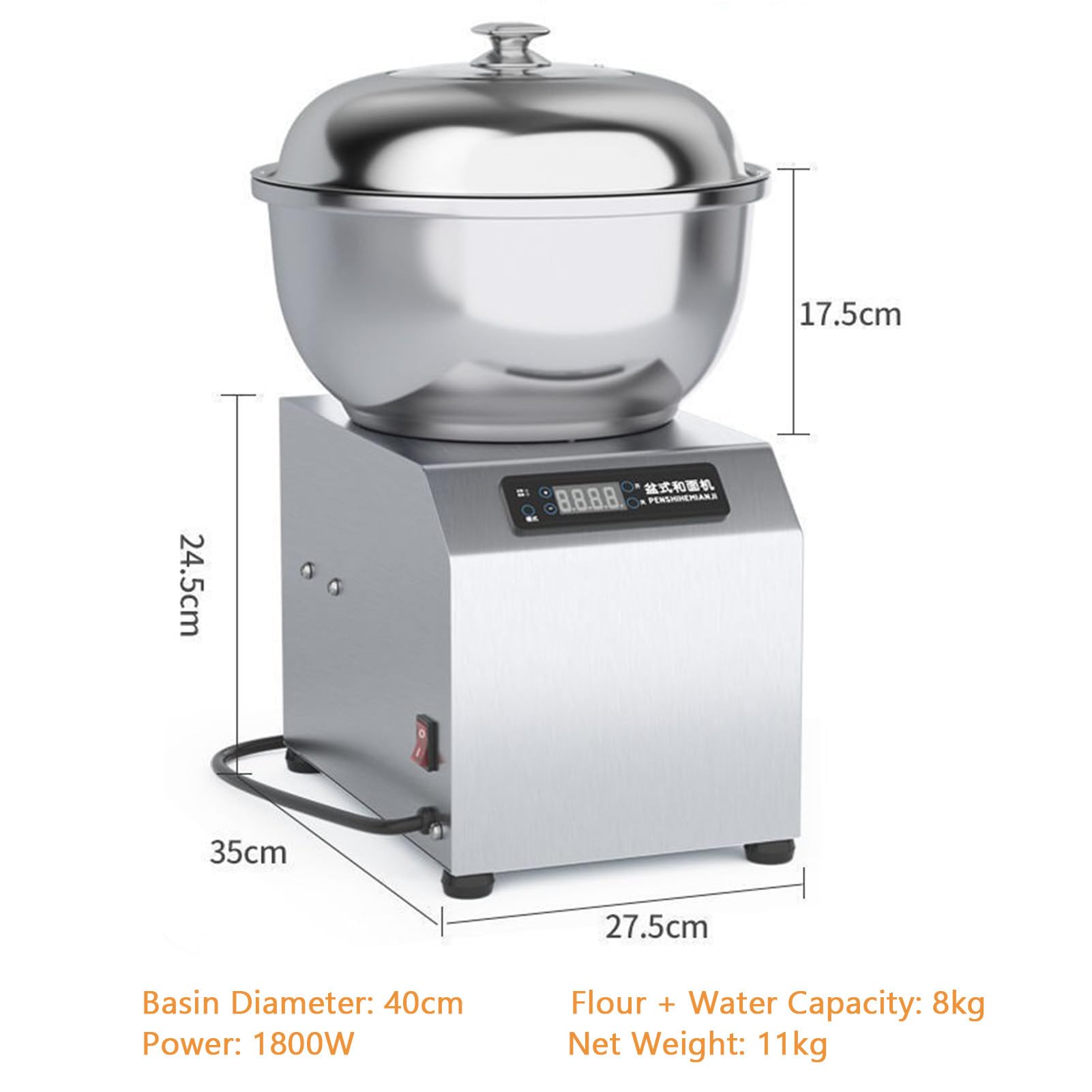 Amasadora Comercial de Espiral, Amasadora Eléctrica de Espiral de 1400 RPM con Doble Rotación, Amasadora de Alta Resistencia para Panadería, Restaurantes, Pizzas 8kg