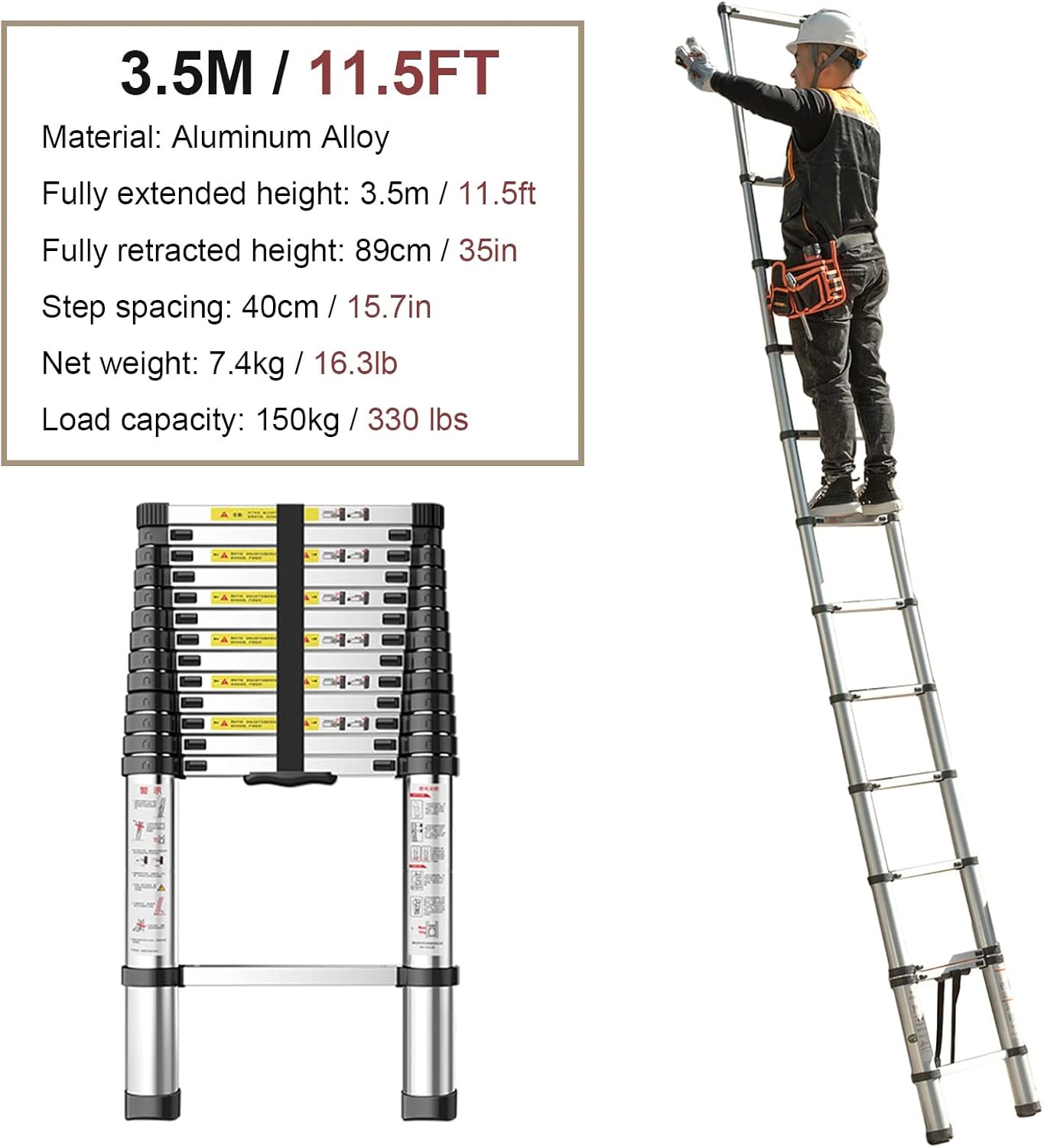 Telescopic Ladder Anti-Slip Aluminum Alloy Telescoping Ladder with Handgrip, Attic/Camper/Home/Industrial Telescopic Ladder, 4m/5m/6m Extension Ladder (Size : 3.5m/11.5ft)
