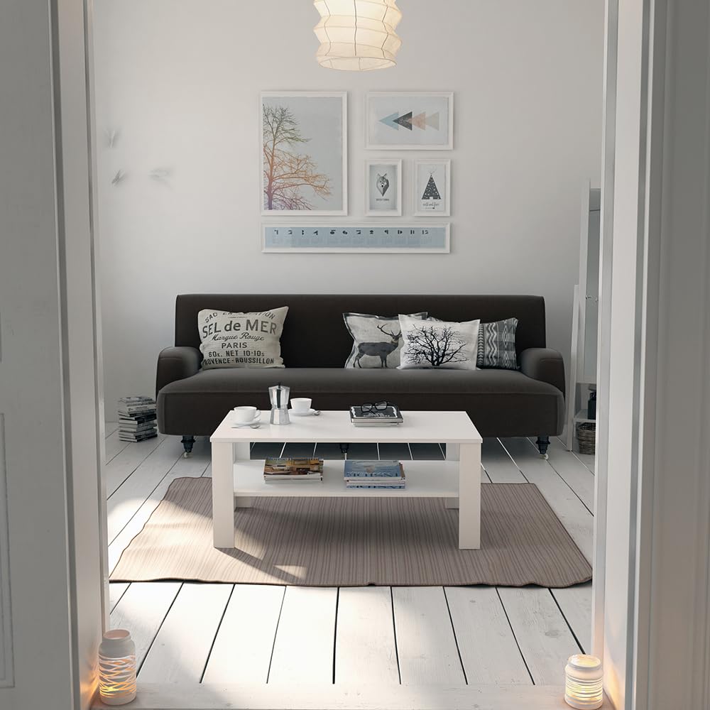 Vicco Tavolino da salotto, Bianco, 100 x 60 cm, con vano aperto per la conservazione di riviste