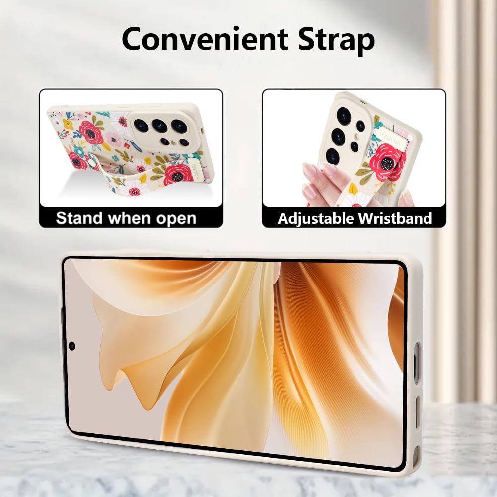 Case for Samsung Galaxy S25 Ultra 6.9 inch 2025 Released, Silicone Case with Strap for Women Girls Cute Floral Flowers Adjustable Wristband Kicktand Cover for S25 Ultra, Beige Blossom - Image 5