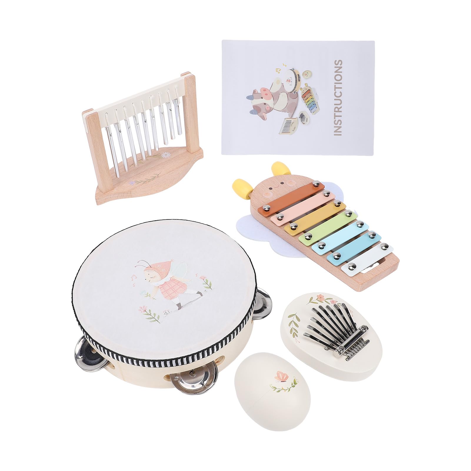 Montessori-Holzmusikinstrumente-Set, Naturholz, Tamburin, Xylophon, Maracas, Windspiel, frühes Lernen, Musikbildungsspielzeug für Kinder und Kleinkinder