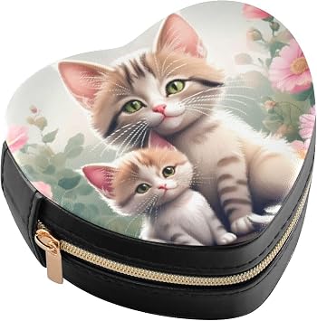 Jewelry Box Portable PU Leather Heart-shaped Mini Case Protecting Earrings Bracelets Rings Necklaces for Women Girls-Cute Cartoon Cat