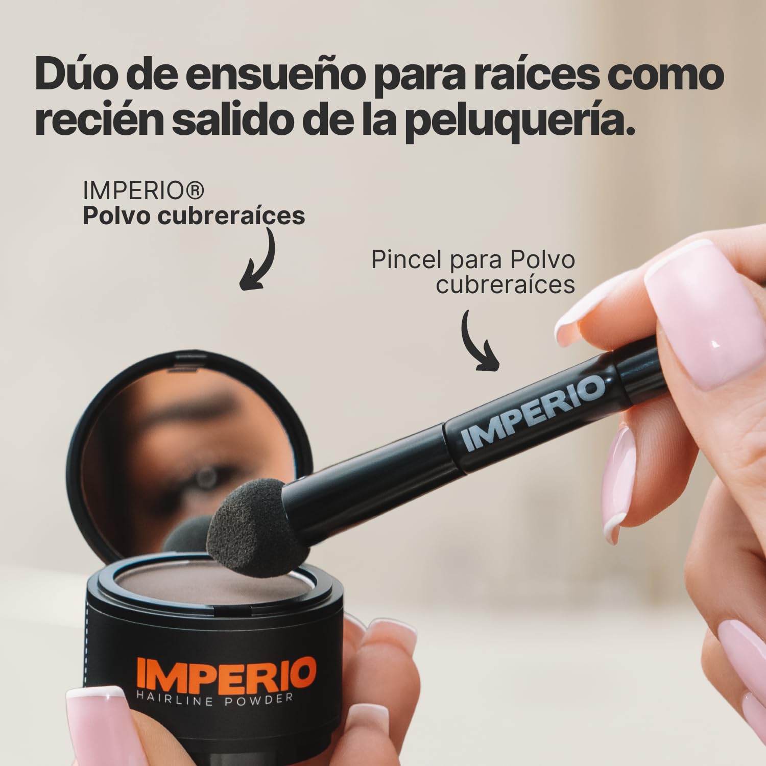 IMPERIO 2en1 Pincel para Aplicar y Difuminar Polvo Cubreraíces en la Línea Del Cabello y Recrear Mechones Individuales (El Original)