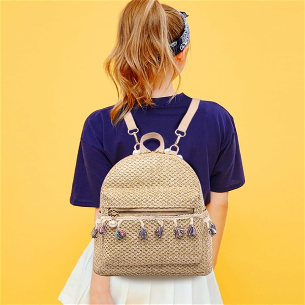 Mochila De Paja Para Mujer Bolso de hombro con borlas de estilo étnico for mujer Mochilas de paja