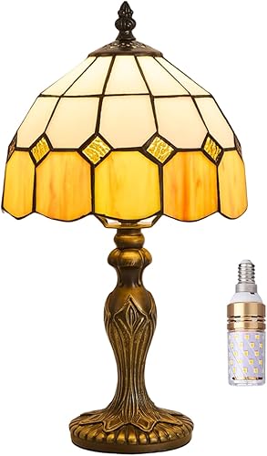 Lámpara de mesa estilo Tiffany de 8 pulgadas, serie mediterránea, pantalla de vitral, pequeña lámpara de mesita de noche, luz de escritorio, sala de
