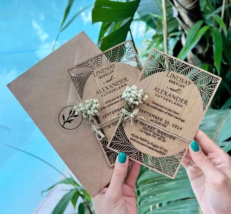 Invitación de boda personalizada, tarjetas de boda de madera personalizadas para invitados, invitaciones de boda de flores eternas, invitaciones de boda grabadas elegantes para fiestas en la playa con