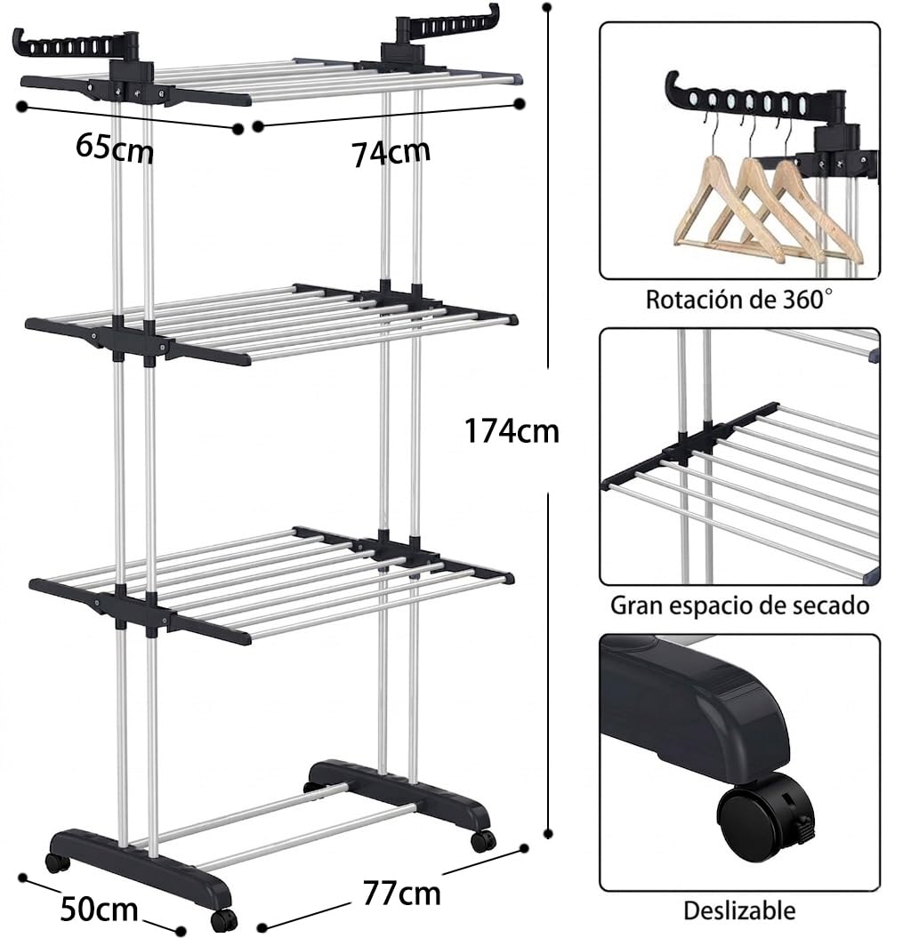 Tendedero de Ropa Plegable con Ruedas, 4 Niveles, Perchero con Ganchos Giratorios 360°, Gran Capacidad de Secado, Estante Multifuncional para Interior y Exterior (Negro+Blanco) - 3