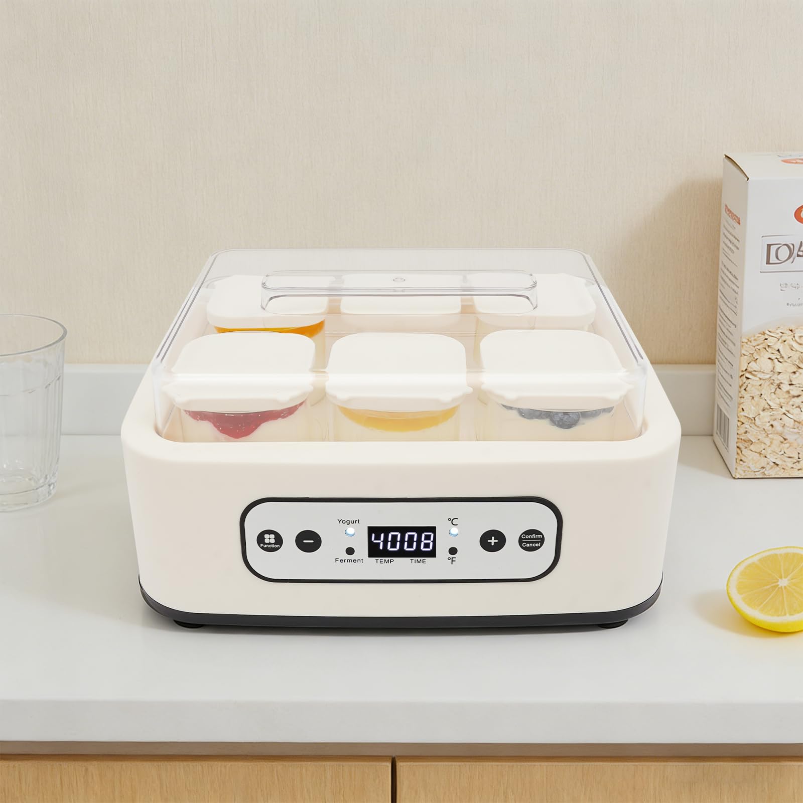 Yogurtera automática de 25 W con tapa, incluye 6 recipientes de cristal de 250 ml para hasta 1,5 l de yogur, yogurt con temperatura 21 – 48 °C
