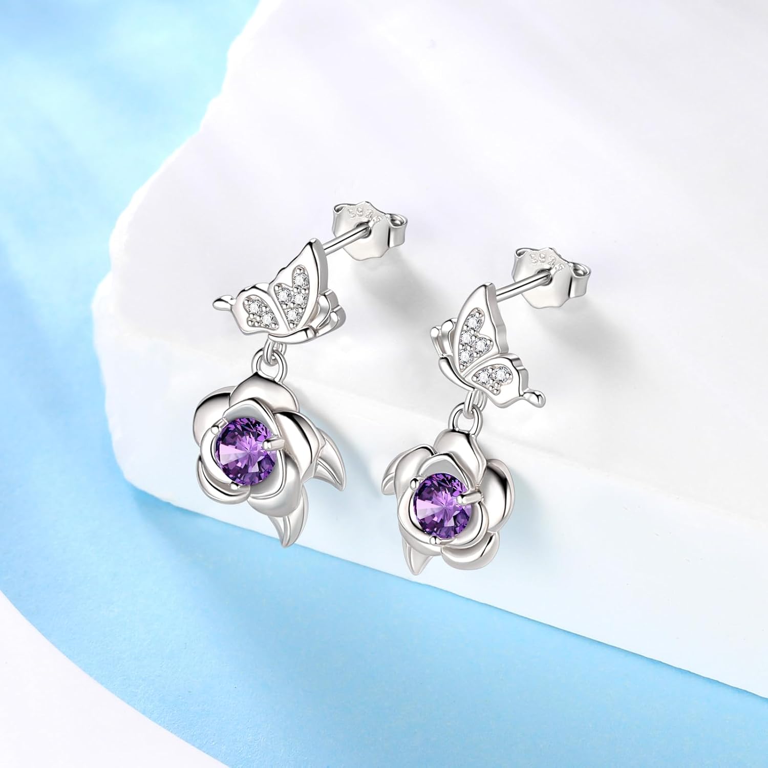 Jewmon Valentines Day Gifts for Her Butterfly Rose Flower Earrings for Women 925 Sterling Silver Rose Butterfly Birthstone Earrings Stud Birthstone Jewelry Gifts for Wife Girlfriend Mom - Image 4
