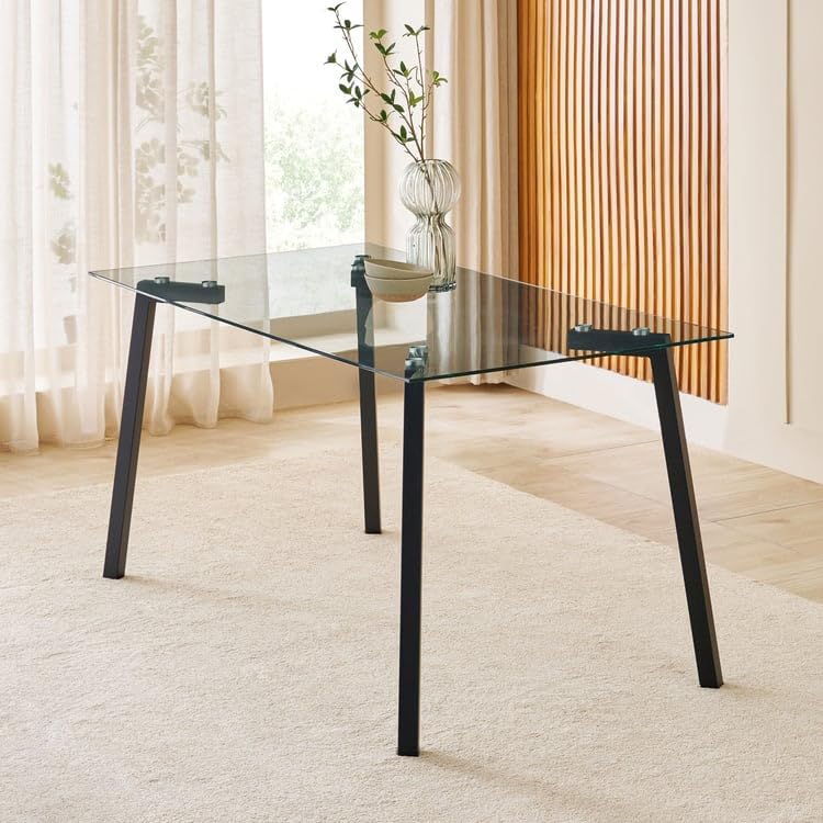 Image of Home Centre | Helios Paul 6-Seater Dining Set with Chairs | Fabric | Tempered Glass Top | Beige | 1 Year Warranty