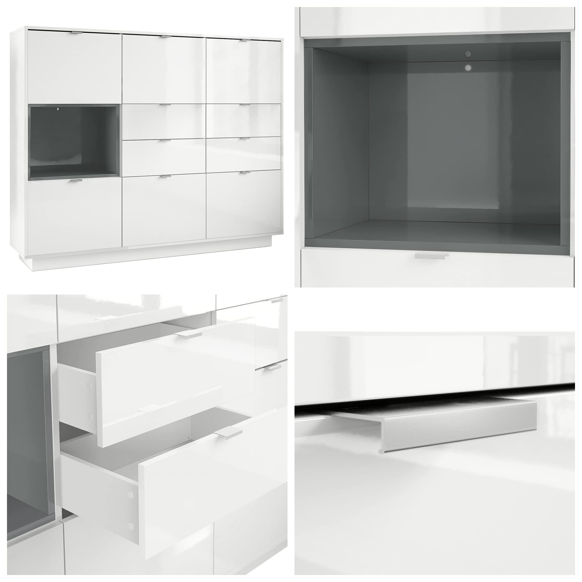 Vladon Buffet Haut Armoire Metro V2, Corps en Blanc Haute Brillance/Façades en Blanc Haute Brillance avec Une Insertion en Noir Haute Brillance