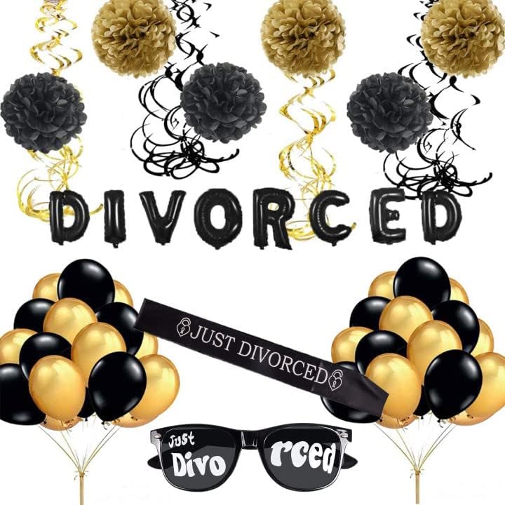 Black And Gold Divorce Party Decoration Balloon Paper Flower Ball Set Spiral Ornament Just Divorced Sash