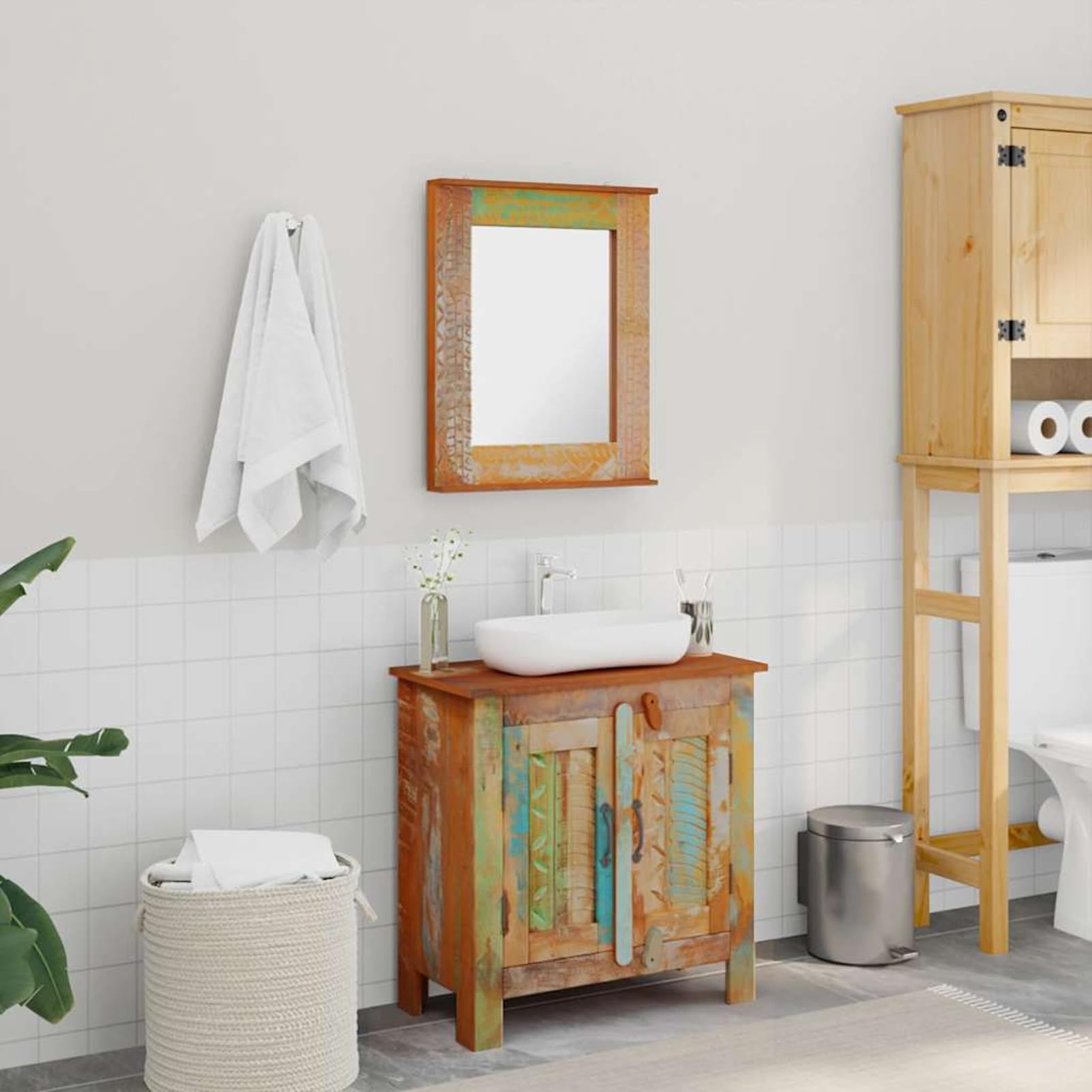 Meble łazienkowe, szafka pod umywalkę z lustrem – styl vintage, lite drewno z recyklingu, 60 x 30 x 60 cm + 45 x 55 cm, 1 zestaw do łazienki