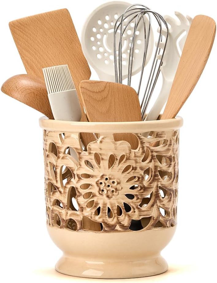 Farmhouse Kitchen Utensil Holder for Countertop, Ceramic Large Cooking Utensil Crock with Cork Mat, Decorative Rustic Utensil Holder for Kitchen Counter, Hollow Carving Flower, Beige