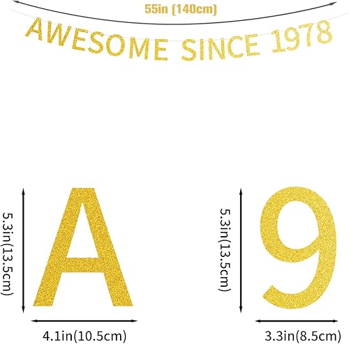 Miniatura 2 de Impresionante cartel pre-encordado desde 1978 con texto en inglés "Happy 47th Birthday", decoración dorada con purpurina para fiesta de cumpleaños