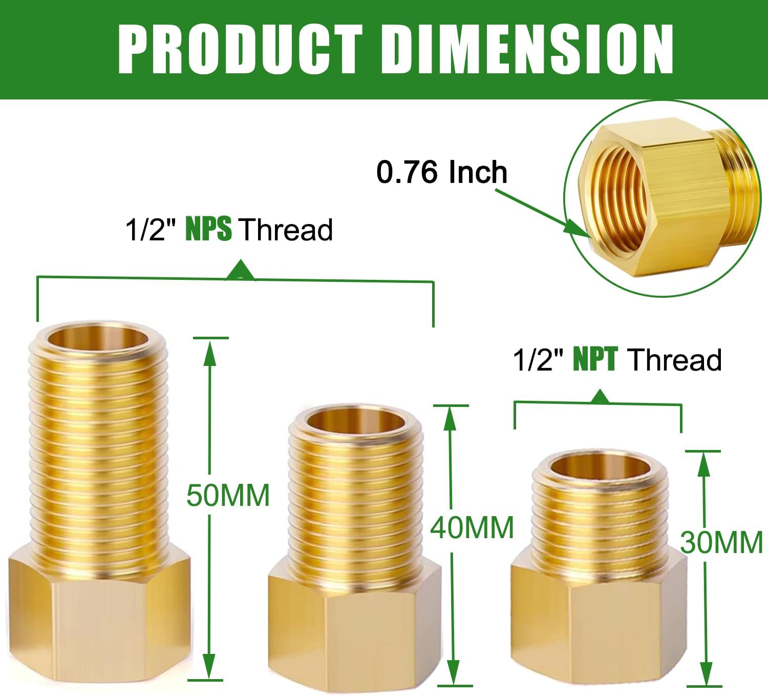 1/2" Brass Pipe Extension Fitting, 1/2" Female to 1/2" Male Pipe Connector Fitting,1/2'' Pipe Fittings Extension for Tub Spout/Shower with Teflon Tape (2PCS), Length 30/40/50MM (3PCS)