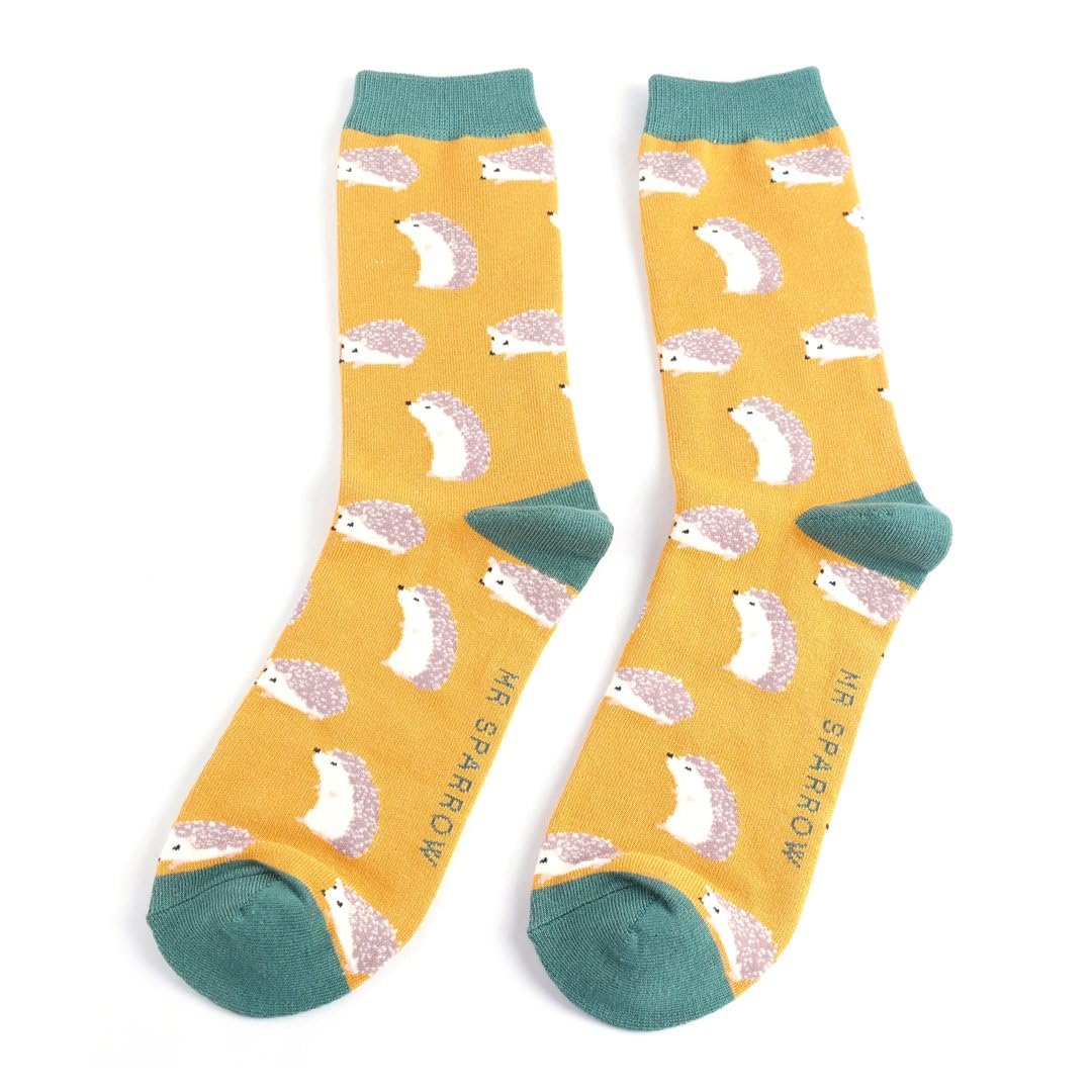 Lilyrosa Men's Mustard Hedgehog Socks 7-11 Hegdehogs Blue Grey 1 Pair (Mustard)